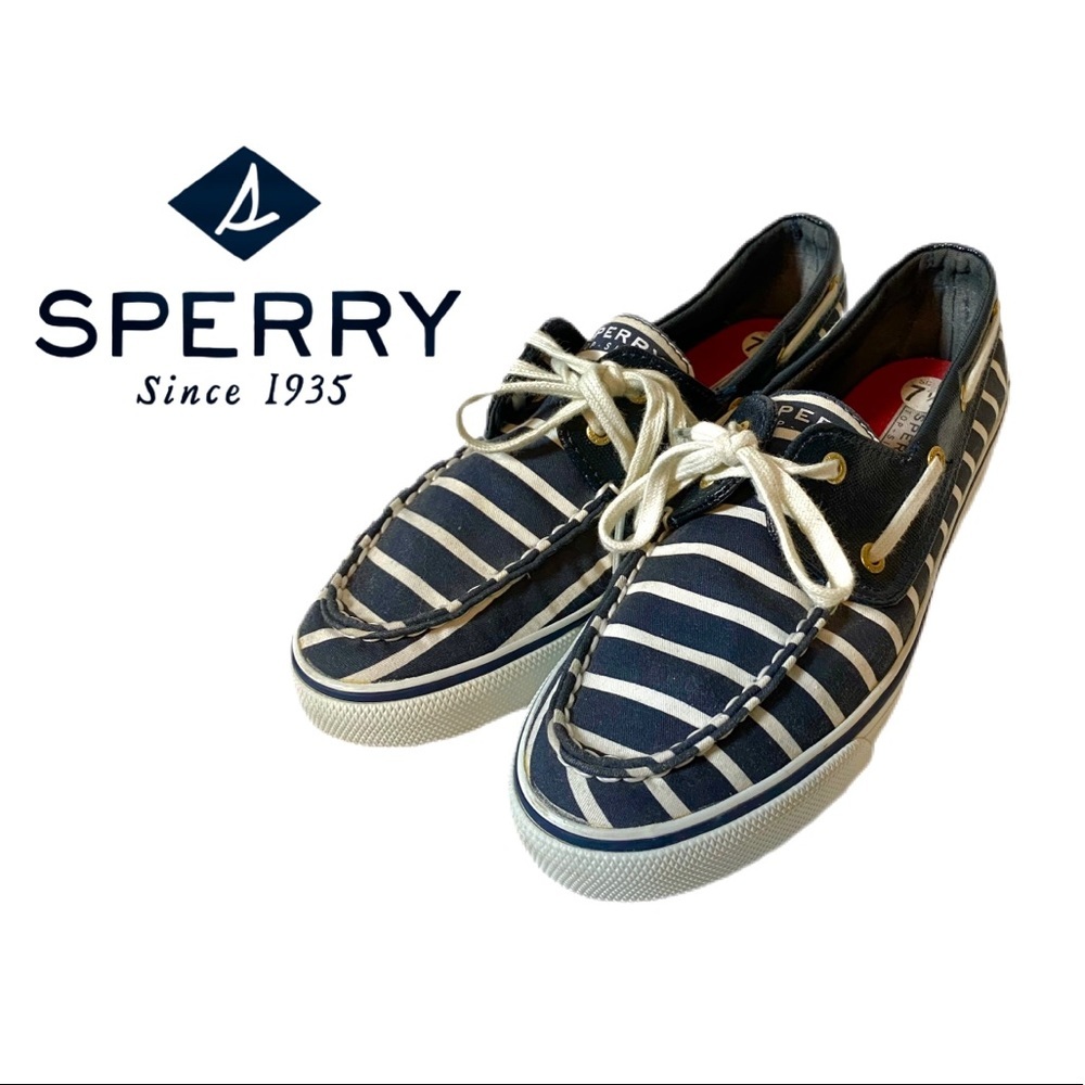 Sperry Striped Navy Blue & White Boat Shoes - Picture 1 of 6